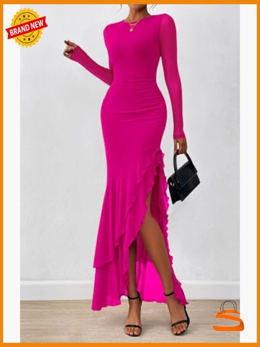 Long Sleeve Ruched Mermaid Maxi Dress Bodycon Cocktail Wedding Guest - Picture 2 of 7